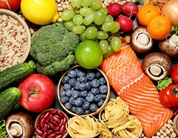 a table covered with healthy food options